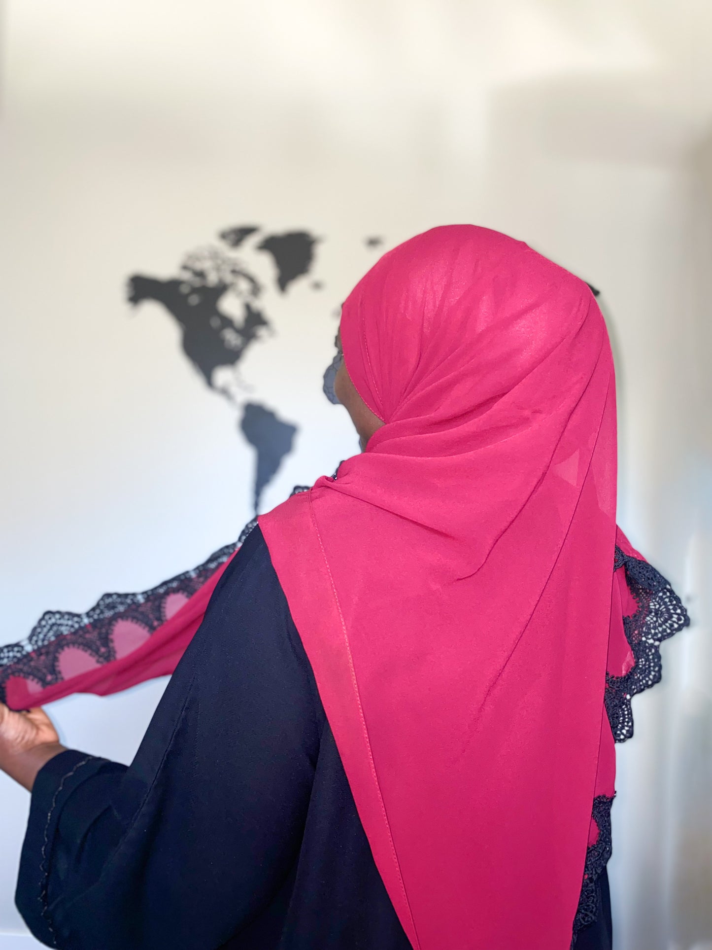 Black Lace Chiffon Hijab - Burgundy